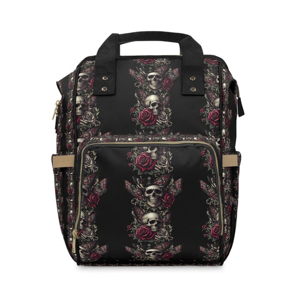 Goth Skull and Roses Multifunctional Diaper Backpack Black Diaper Bag