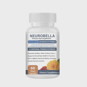 May include: A clear plastic bottle of Neurobella Premium Eye Supplement. The label includes the text "15-IN-1 Advanced Eye Formula" and lists ingredients. The bottle contains 60 vegan capsules and is a dietary supplement.