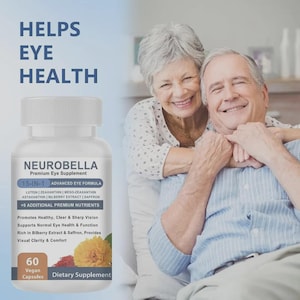 May include: A bottle of Neurobella Premium Eye Supplement with the text "Helps Eye Health." The bottle contains 60 vegan capsules and is a dietary supplement. The label lists ingredients and benefits, with an older couple smiling in the background.