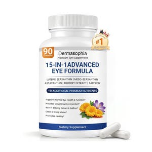 May include: A white plastic bottle of Dermasophia 15-in-1 Advanced Eye Formula dietary supplement with 90 capsules. The label features text listing ingredients like lutein, zeaxanthin, and saffron, alongside images of yellow and purple flowers.