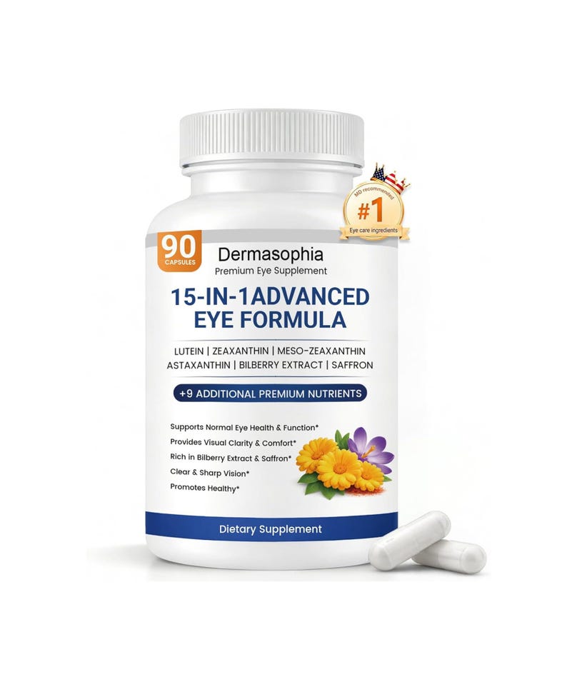 May include: A white plastic bottle of Dermasophia 15-in-1 Advanced Eye Formula dietary supplement with 90 capsules. The label features text listing ingredients like lutein, zeaxanthin, and saffron, alongside images of yellow and purple flowers.