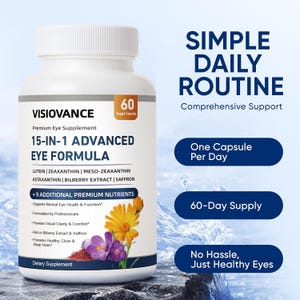 May include: A white plastic bottle of Visiovance 15-in-1 Advanced Eye Formula dietary supplement with 60 veggie capsules. The label features text including Lutein, Zeaxanthin, and Bilberry Extract, alongside images of a yellow flower and purple crocus.