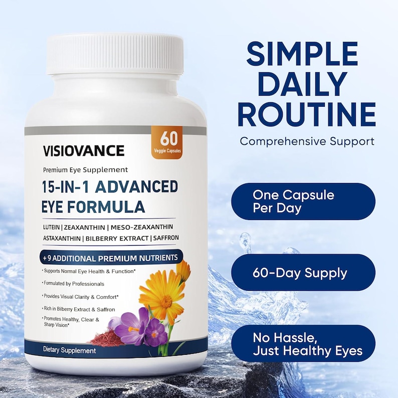 May include: A white plastic bottle of Visiovance 15-in-1 Advanced Eye Formula dietary supplement with 60 veggie capsules. The label features text including Lutein, Zeaxanthin, and Bilberry Extract, alongside images of a yellow flower and purple crocus.