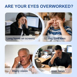 May include: An informational graphic titled ARE YOUR EYES OVERWORKED? featuring four panels showing individuals experiencing eye strain. The panels depict long hours on screens, dry tired eyes, blurry vision, and poor focus with descriptive text.