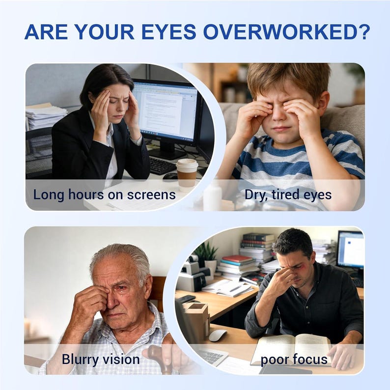 May include: An informational graphic titled ARE YOUR EYES OVERWORKED? featuring four panels showing individuals experiencing eye strain. The panels depict long hours on screens, dry tired eyes, blurry vision, and poor focus with descriptive text.