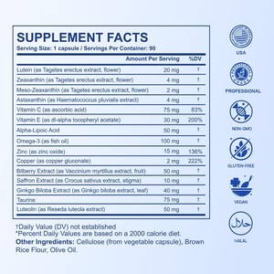 May include: A Supplement Facts label listing ingredients including Lutein, Zeaxanthin, Astaxanthin, Vitamin C, Vitamin E, Alpha-Lipoic Acid, Omega-3, Zinc, Copper, Bilberry, Saffron, Ginkgo Biloba, Taurine, and Luteolin with a serving size of one capsule.