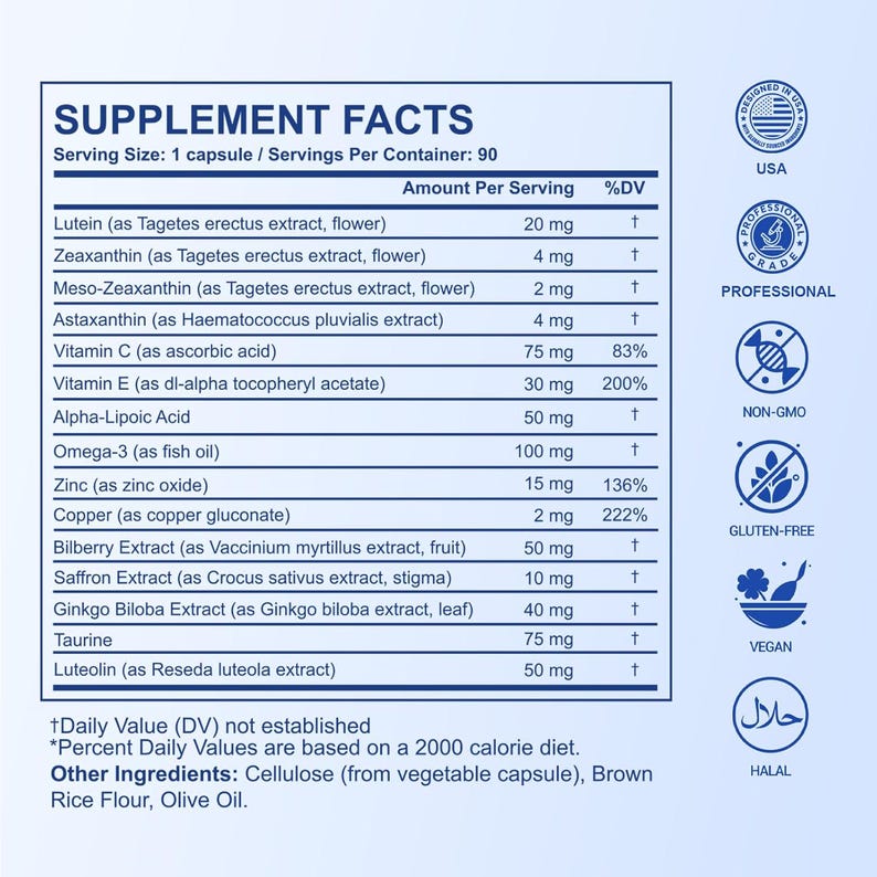 May include: A Supplement Facts label listing ingredients including Lutein, Zeaxanthin, Astaxanthin, Vitamin C, Vitamin E, Alpha-Lipoic Acid, Omega-3, Zinc, Copper, Bilberry, Saffron, Ginkgo Biloba, Taurine, and Luteolin with a serving size of one capsule.