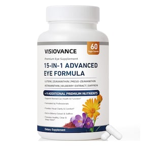 May include: A white plastic bottle of Visiovance 15-in-1 Advanced Eye Formula dietary supplement with a white cap. The label features text, a count of 60 veggie capsules, and illustrations of a yellow marigold and a purple crocus flower.