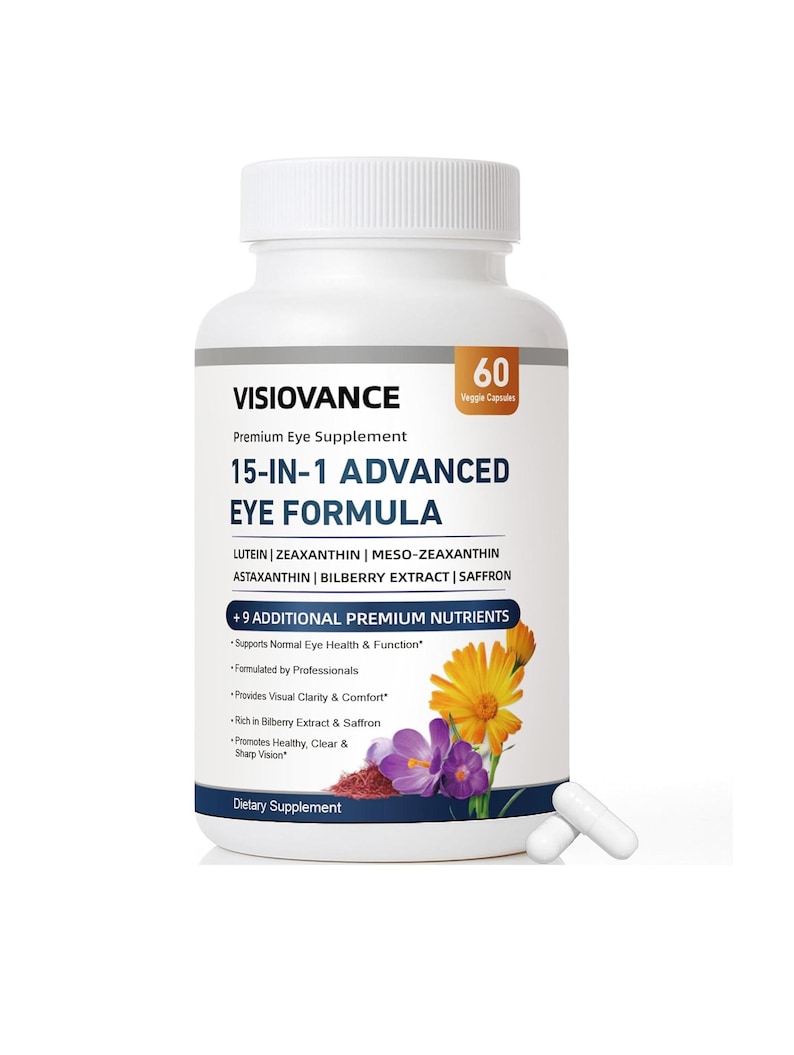 May include: A white plastic bottle of Visiovance 15-in-1 Advanced Eye Formula dietary supplement with a white cap. The label features text, a count of 60 veggie capsules, and illustrations of a yellow marigold and a purple crocus flower.