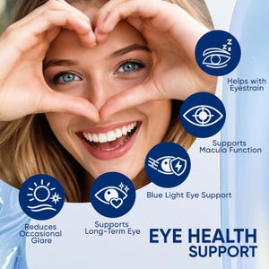 May include: An eye health support graphic featuring five dark blue circular icons with white line art symbols. Text labels include Helps with Eyestrain, Supports Macula Function, Blue Light Eye Support, Reduces Occasional Glare, and Supports Long-Term Eye.
