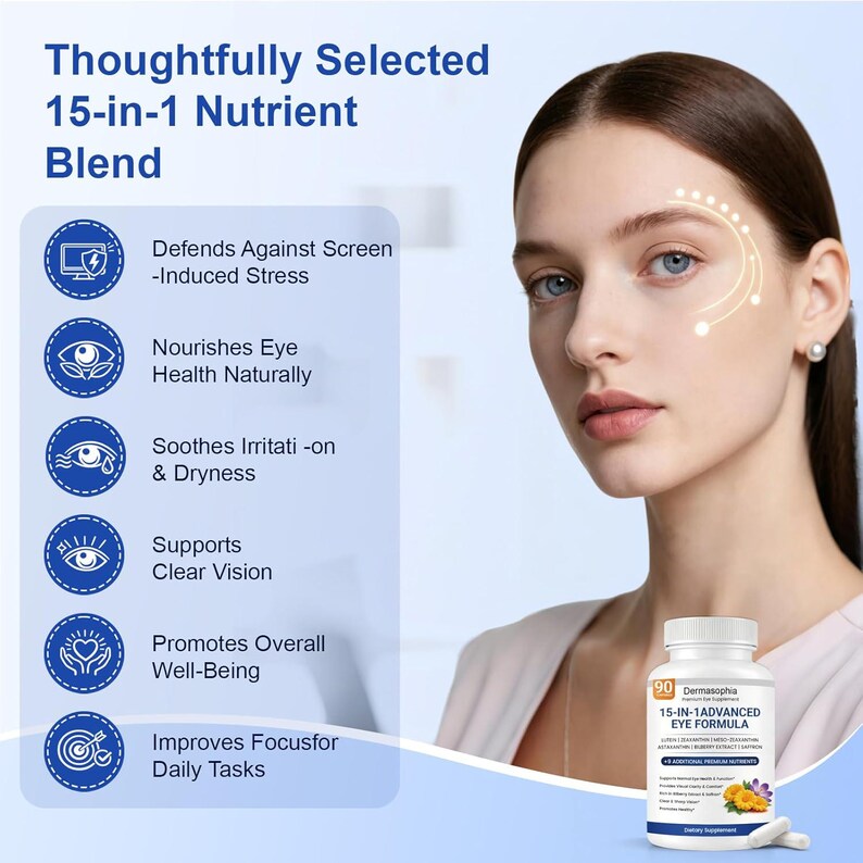 May include: A white bottle of 15-in-1 Advanced Eye Formula dietary supplement with 90 capsules. The label features text and a flower graphic. Beside it, a list highlights benefits like defending against screen stress and supporting clear vision.