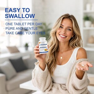May include: A white plastic bottle of dietary supplement tablets with a blue and white label featuring text that reads EASY TO SWALLOW, ONE TABLET PER DAY, PURE AND GENTLE, and TAKE CARE YOUR EYES, held alongside a single white oval tablet.