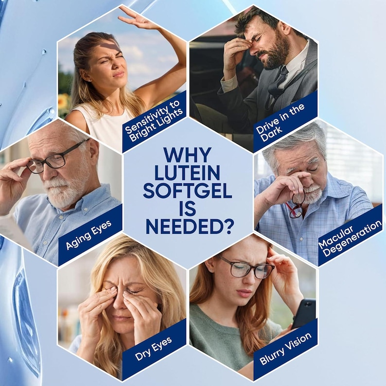 May include: A hexagonal collage featuring the text WHY LUTEIN SOFTGEL IS NEEDED? surrounded by six images depicting eye-related discomforts labeled as Sensitivity to Bright Lights, Drive in the Dark, Aging Eyes, Macular Degeneration, Dry Eyes, and Blurry Vision.