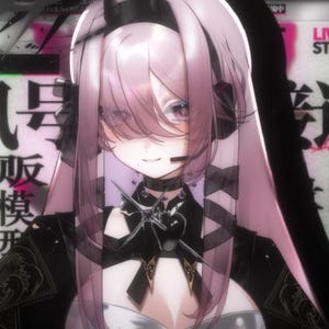 Puede incluir: Ilustración de estilo anime de un personaje con largo cabello rosado, vistiendo un atuendo negro con gargantilla y auriculares. El fondo presenta texto japonés y una combinación de colores rosa y blanco, con las palabras "LIVE STUDIO" visibles.