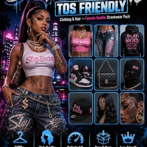 Puede incluir: Un gráfico promocional digital para el paquete de ropa y cabello Slay Society V3 TOS Friendly. Presenta un personaje central con una camiseta sin mangas blanca y jeans, rodeado de paneles más pequeños que muestran tops cortos rosas, jeans, sudaderas con capucha, zapatillas, bolsos, pasamontañas, gorras de béisbol y peinados.