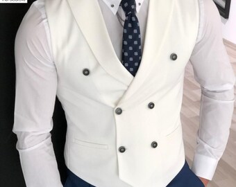 Men's Vest | White Slim Fit Style | Groomsmen Waist Coat | V-Shape Type