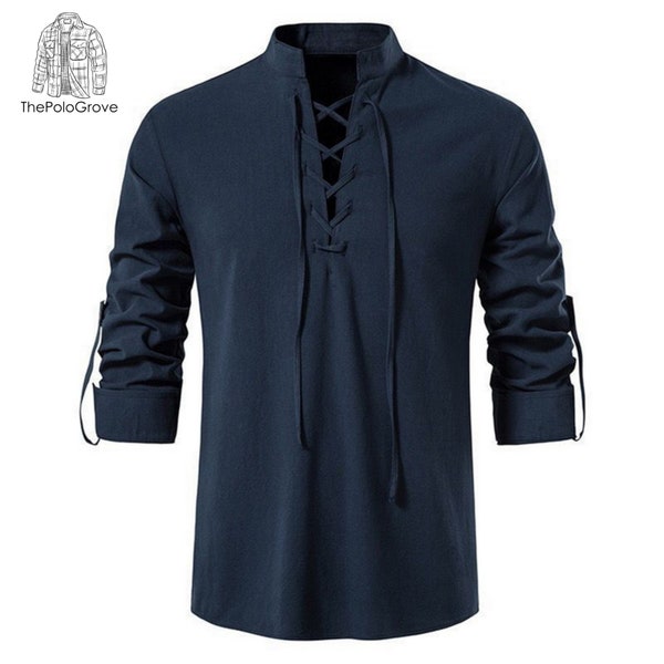 Men's Casual Cotton Linen Tops | Lace-Up Hippie Shirts | Renaissance Costume