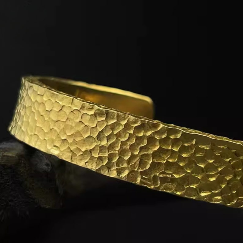 24k Solid Gold Hammered Cuff Bracelet. Handmade Pure Gold 12mm Wide Cuff Bracelet. Recycled Gold Rustic Cuff. 9999 Fine Gold Bangle Bracelet image 3