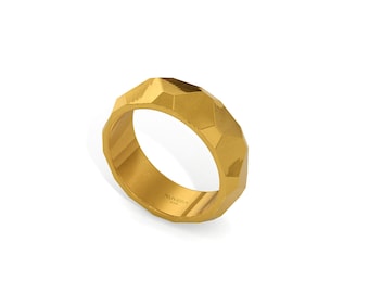 24k Gold Hexagon Ring. 7mm Yellow 9999 Gold Textured Ring. Pure Gold Ring. Faceted Band Ring. Engagement Wedding Band for Men Women