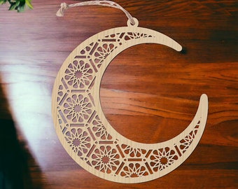 Ramadan Wooden Hanging Sign | Eid Al Fitr Decoration | Moon Star Pendant | Muslim Ornament | Ramadan Festival Decor | Wooden Holiday Craft