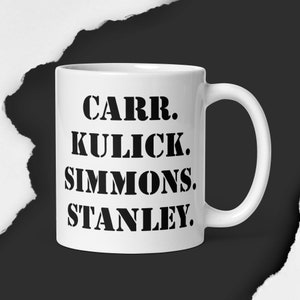 Kiss band, coffee mug, rock and roll memorabilia, collectible, great gift, simple, Paul Stanley, Gene Simmons, Bruce Kulick, Eric Carr