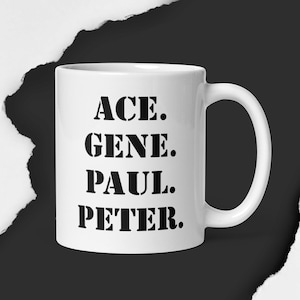 Kiss band, coffee mug, rock and roll memorabilia, collectible, great gift, simple, Paul Stanley, Gene Simmons, Ace Frehley, Peter Criss