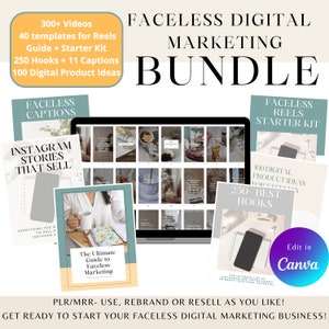 Op de afbeelding: Een digitale marketingbundel voor het maken van content zonder gezicht. De bundel bevat een gids voor faceless marketing, Instagram-storytemplates, een reel-starterkit en 100 digitale productideeën. De tekst "Faceless Digital Marketing Bundle" wordt in grote, vetgedrukte letters bovenaan de afbeelding weergegeven.