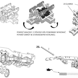 May include: A black and white line drawing of a mechanical assembly with instructions for assembly. The instructions include the text "2X GUMKA" and "POKRĘĆ WAŁEM F. 2 P&Oacute;ŁOSIE K&Oacute;Ł POWINNNY WYKONAĆ PŁYNNY OBR&Oacute;T W JEDNAKOWYM KIERUNKU."