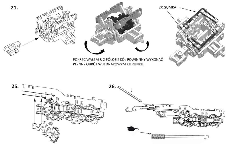 May include: A black and white line drawing of a mechanical assembly with instructions for assembly. The instructions include the text "2X GUMKA" and "POKRĘĆ WAŁEM F. 2 P&Oacute;ŁOSIE K&Oacute;Ł POWINNNY WYKONAĆ PŁYNNY OBR&Oacute;T W JEDNAKOWYM KIERUNKU."
