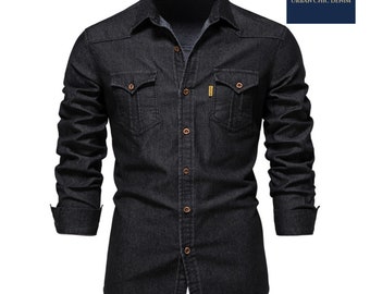 Denim Polo Top | Men's Long Sleeve Pullover | Fashionable Outwear Cloth