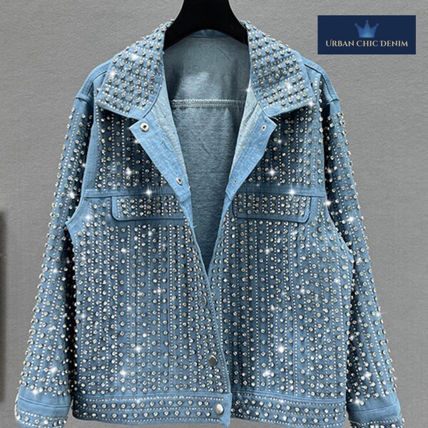 Denim bleu oversize à strass | Veste tendance à manches longues | Vêtements unisexes