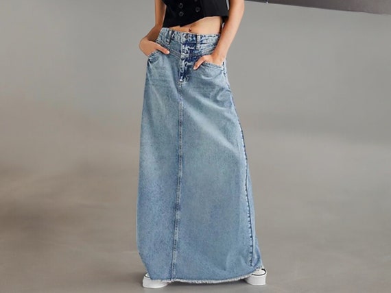 Women s Long Skirts Pocket Jean Skirt Fashionable High Waist Style Etsy Canada