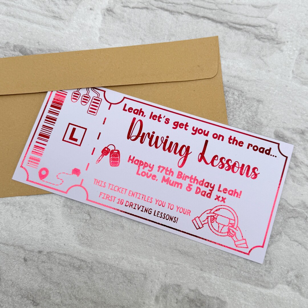 Personalised Driving Lesson Gift Card Foil Ticket, Custom Birthday Card ...