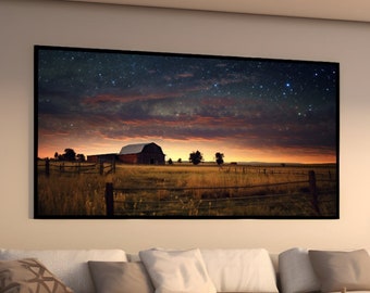 Discrete Purity - Printable Landscape, 16:9, Stars, Farm, Night, Samsung Smart TV Wall Art, Art Digital Download, High Resolution