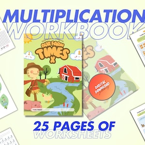 Può includere: Un quaderno di esercizi digitale scaricabile colorato per i bambini per imparare la moltiplicazione. La copertina presenta una scena di fattoria di cartoni animati con uno spaventapasseri, un fienile rosso e un fiume. Il titolo è "Our Farm Times x" e il testo "25 Pages of Worksheets" è in basso.