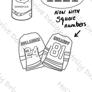May include: Black and white line art illustration featuring a Canada Dry ginger ale can, a set of numbers, and two hockey jerseys. The jerseys display the numbers 24 and 81, with the names "HOLLANDER" and "ROZANOV" on the back.