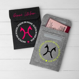 May include: Two felt pouches, one dark gray and one light gray, with equestrian-themed designs. The dark gray pouch has pink text and a pink horse graphic, while the light gray pouch has yellow text and a black horse graphic. The dark gray pouch has the name "Donna Litchen" in pink.