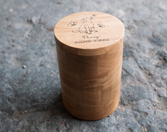 Wooden Puppy Urn, Custom Engraved - Personalized Pet Memorial Keepsake - Handcrafted Dog Ashes Casket with Name & Dates