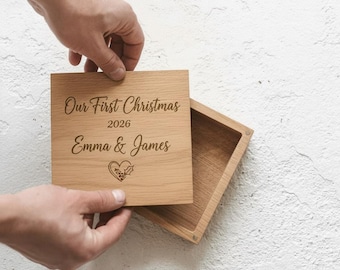 Our First Christmas Keepsake Box - Personalized Couples Christmas Gift, Engraved Wooden Memory Box, First Christmas Together
