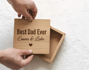 Personalized Dad Keepsake Box - Fathers Day Gift for Dad, Engraved Wooden Memory Box with Kids Names, Gift for Him from Kids