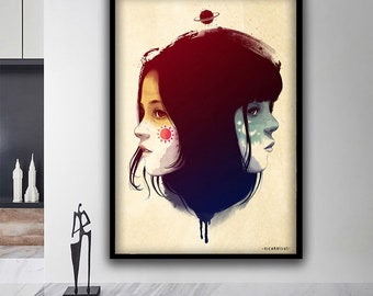 Surreal two faced woman canvas wall art, two faced woman canvas wall decor, modern woman canvas wall poster, woman canvas art