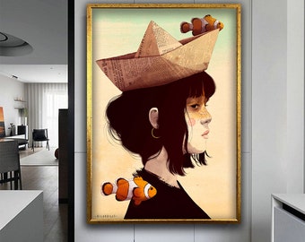 Freckled woman and goldfish canvas wall art, woman and goldfish canvas wall decor, boat hat and woman canvas painting