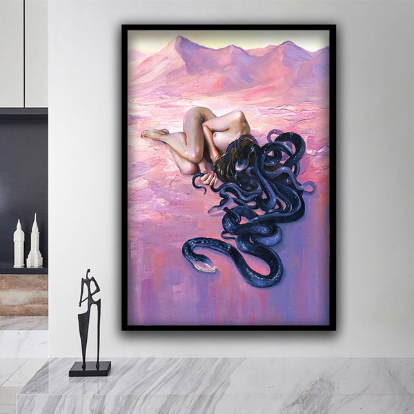 Peinture sur toile femme nue avec tête de serpent, oeuvre d'art murale femme avec tête de ver, toile de femme nue, femme avec tête de serpent