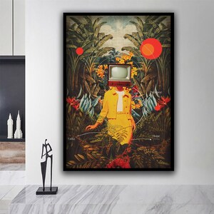 Woman in yellow dress with television head canvas painting, woman canvas wall decor, woman in yellow dress wall art, image 3