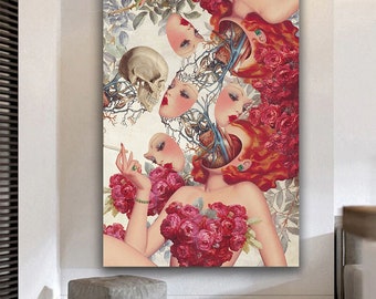 Surreal woman canvas painting, red rose and surreal female organs canvas wall art, surreal woman canvas wall decor