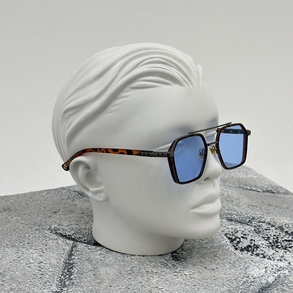Steel Leopard Frame UV400 Protection Blue Color Tinted Sunglasses , Blue Polarized Sunglasses for men , Retro glasses , Classic Vintage