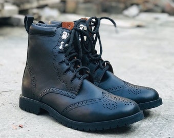 Handmade Black Leather Ghillie Brogue Kilt Boots: Scottish Cow Leather Shoes