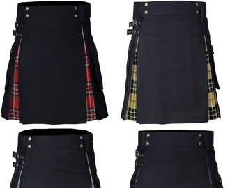 Kilt hybride écossais en coton noir fait main pour homme avec plaque en tartan Kilt utilitaire sur mesure pour homme disponible en 40 ans et plus tartan