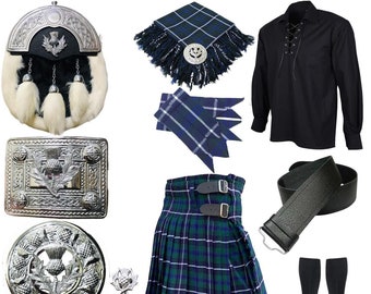 Men's Wedding Kilt Set Scottish Thistle design 10 pieces Traditional dress kilt set available in 40+ Clan Tartans.