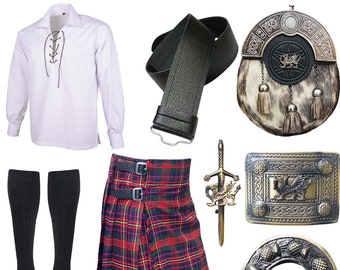 Men's Wedding Kilt Set Scottish Dregon design 8 pieces Traditional dress kilt set available in 40+ Clan Tartans.